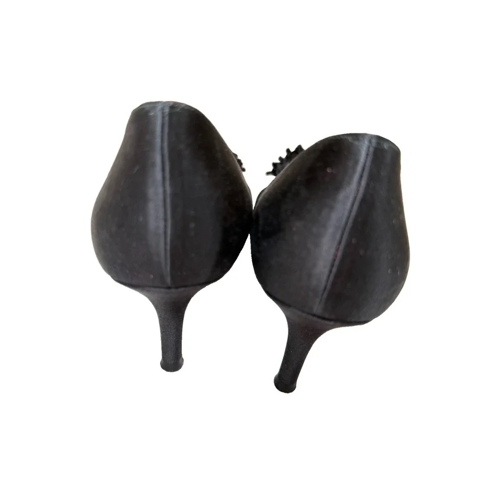Stuart Weitzman 8.5 Black Satin Rosette Peep Toe Pumps Heels Made in Spain
